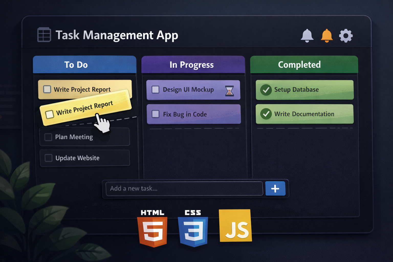 Task management web app UI in dark mode with drag-and-drop Kanban columns (To Do, In Progress, Completed), task cards, and HTML/CSS/JS logos.