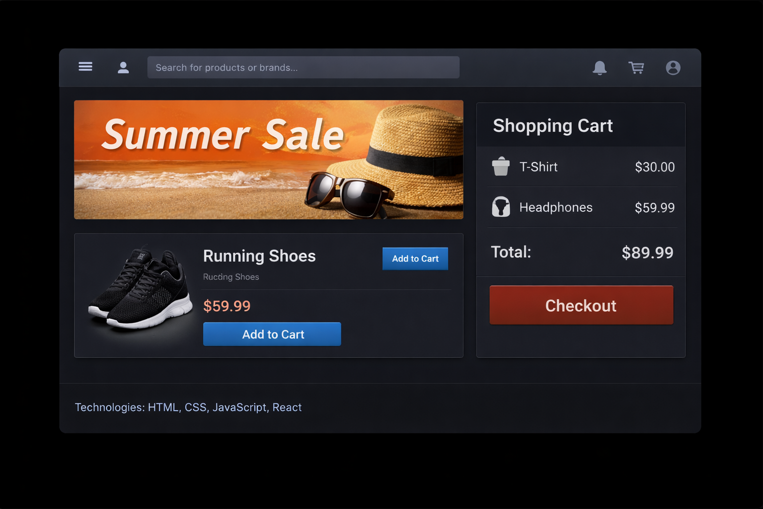 Dark-mode e-commerce website screenshot showing a “Summer Sale” banner, featured running shoes with price and “Add to Cart” button, and a shopping cart summary with a prominent “Checkout” button.